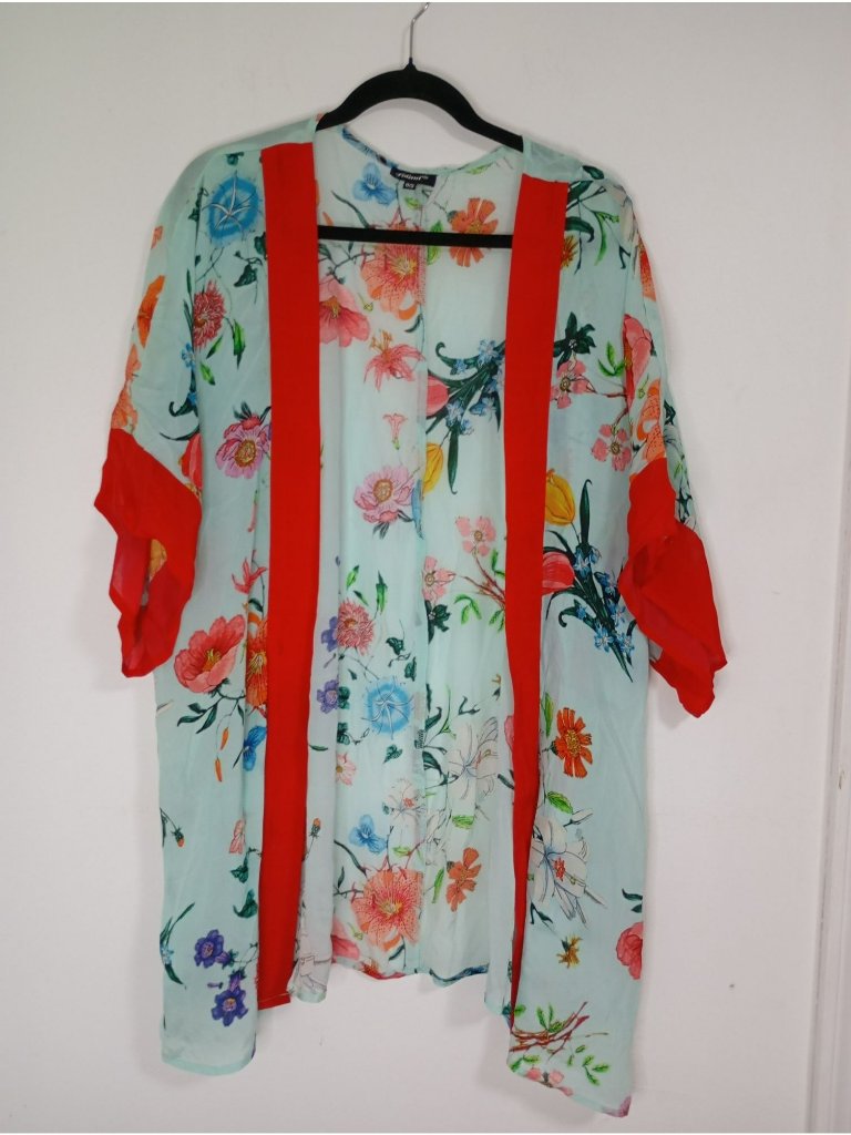 Tolani Womens Floral Kimono Open Front Red Trim Lightweight One Size